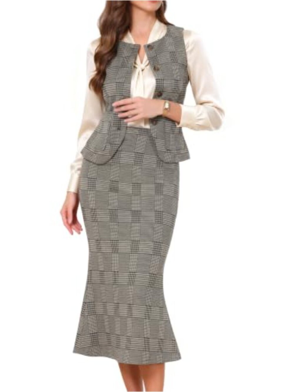 2 Piece Plaid Skirt Suit Set Blazer Vest Mermaid Fishtail Maxi Skirt Women's